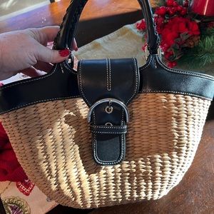 Coach straw handbag with black leather trim